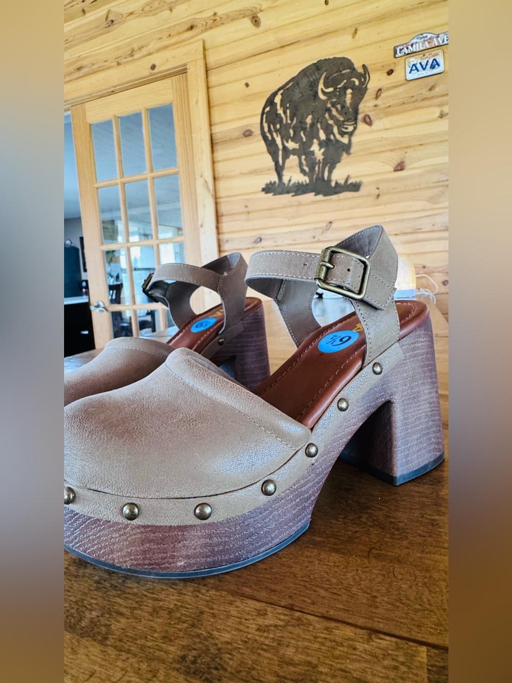 MIA Taupe Platform Clog Heels with Studded Trim